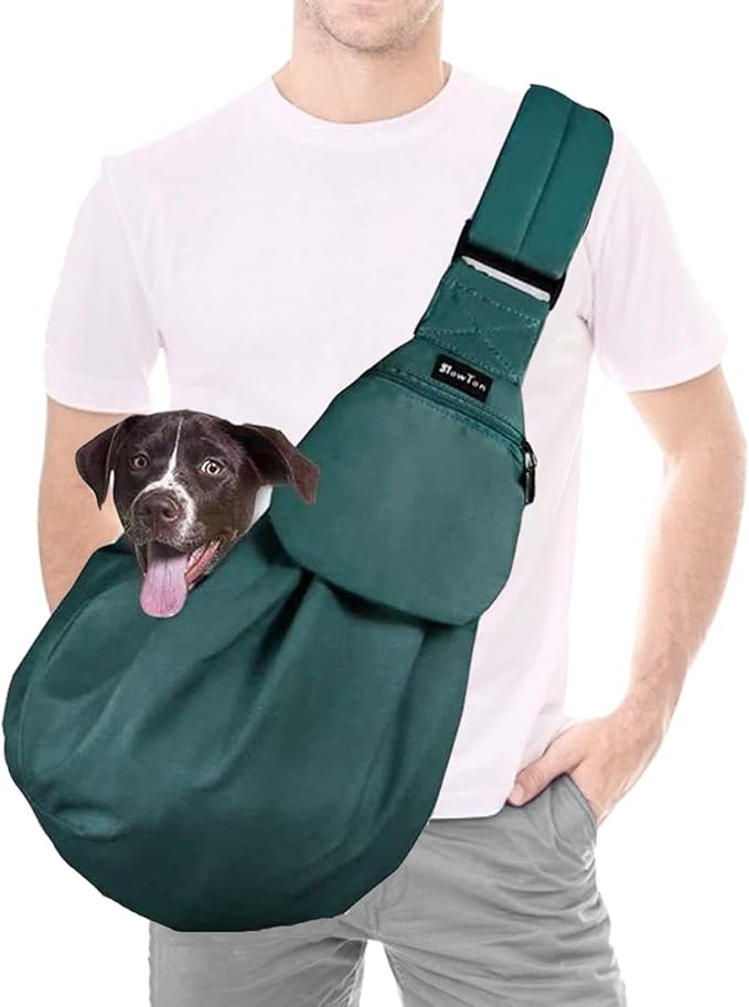 Lukovee Pet Sling, Puppy Small Pet Cat Carrier with Safety Hook | Hands-Free,Padded Strap, Breathable, Adjustable, Storage Pocket, Tote Bag Shoulder Bag with Front Pocket (Green,L)