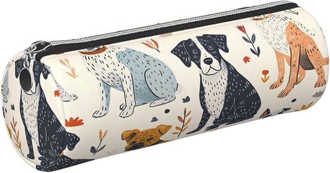 OSAM SPACE Leather Pencil Case Round Pencil Bag Cute Dogs Plant Pen Organizer Holder Portable Zipper Pouch Cute School Supplies for Girls Boys Study Office