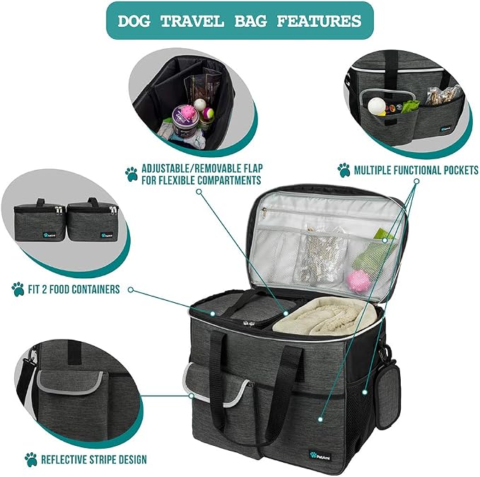 PetAmi Dog Travel Bag Organizer, Pet Supplies Diaper Tote, Dark Gray Large | Pet Travel Kit with 2 Food Containers & 2 Collapsible Dog Bowls, Luggage Sleeve, Weekend Getaway Road Trip Camping Essentials