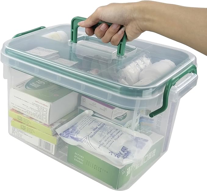 1-Pack Clear Storage Box Container, Family First Aid Box with Handle | 15 QT Medicine Box Organizer with Tray, Durable Plastic, Thickened Medicine Storage Organizeron