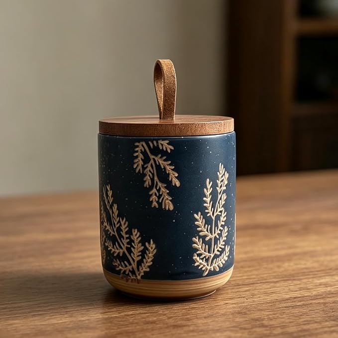 10oz Ceramic Airtight Food Storage Container with Wooden Spoon for Sugar,Matcha,Salt,Coffee,Spices,Cat Treat,Loose Leaf Tea(Black Botanical Fern Pattern)