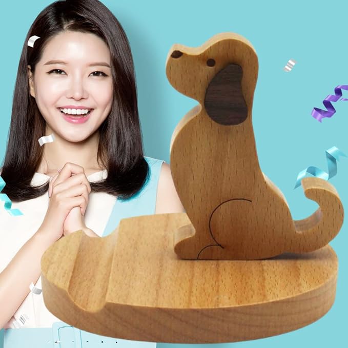 Cell Phone Tablet Wooden Stand Dock Holder Cradle Mount Organizer Charger Station Table Desk Room Office School Kitchen Non-Slip Wood (Dog)