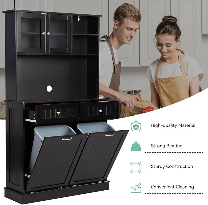 68.4" Kitchen Pantry Storage Cabinet, Freestanding Cupboard with Shelf, 2 Drawers and 2 Tilt Out Trash Cabinet, Tall Cabinets for Kitchen, Dinning Room, Living Room (Glossy Black, Double Tilt)
