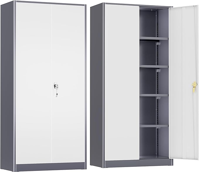 Crownland 72" Lockable Metal Storage Cabinet, Garage Storage Cabinets, High Office Cabinet with Adjustable Shelves for Garage, Home Office,Pantry, File(Grey White)