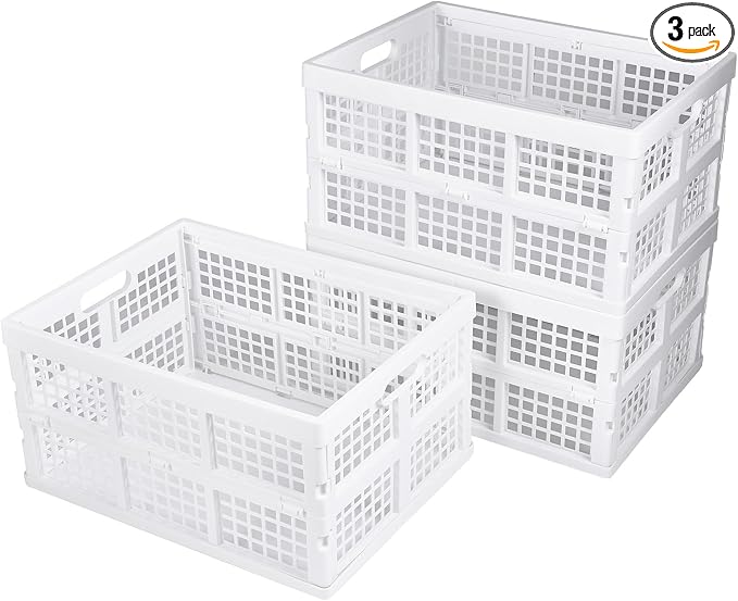 Aebeky 3-Pack Plastic Collapsible Storage Crates-30L,Foldable Plastic Crates for Storage (White)