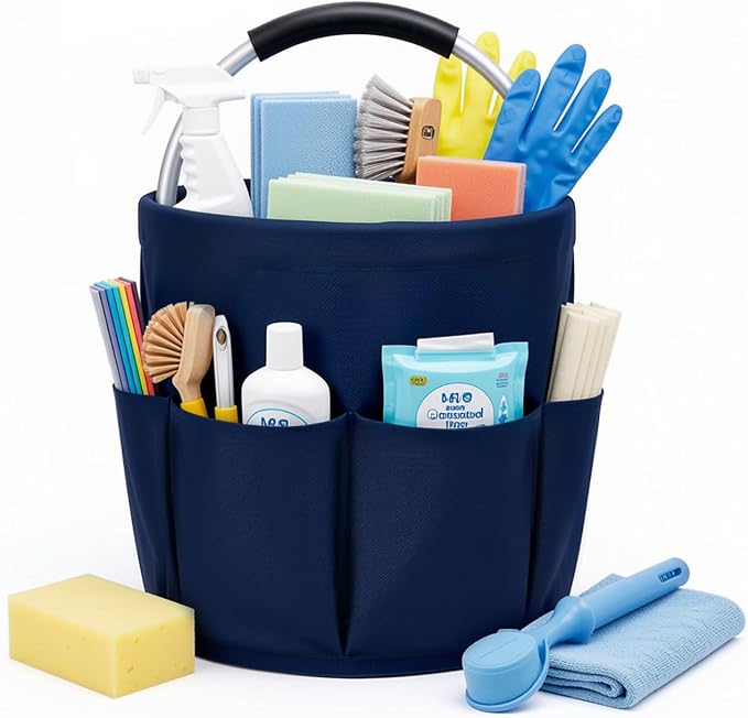 Cleaning Caddy with Handle, 17L Foldable Storage Basket, Heavy Duty 600D Oxford Cloth Organizer, Portable Supply Bag, Multi-Purpose Supplies Caddy for Home, Bathroom, Kitchen, Garden - Dark Blue