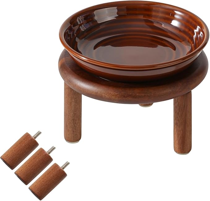 Havniva Elevated Cat Bowls, Ceramic Cat Bowl with Wood Stand, Wide Opening | 5.7” Raised Cat Food Bowls, Whisker Friendly Cat Dish, Anti-Slip Cat Water Bowls, Shallow Cat Bowls, Cat Food & Water Bowl