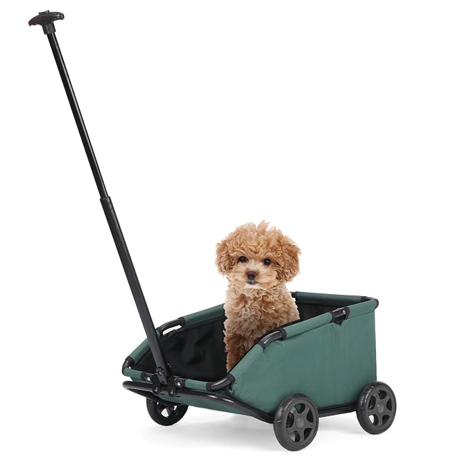 Mini Dog Stroller, Foldable Pet Stroller for Small Dogs & Cats with Safety Rope, Storage Basket & Built-in Cushion - Extendable Handle, Lightweight Carrier for Travel, Walking, Vet Visits (Green)