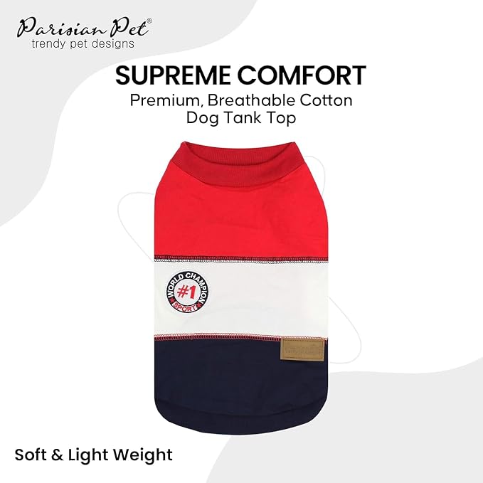 Parisian Pet World Champion Dog Tank Top - Breathable Cotton Pet Apparel - Red Puppy Clothes - Lightweight Doggie T Shirts for Dogs - Comfortable Sporty Dog Clothes - Summer Shirts for Large Dogs