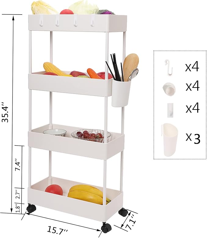 4 Tier Slim Rolling Utility Kitchen Cart Bathroom Organizer for Narrow Places Multipurpose Storage Shelve Mobile Trolley for Bedroom Laundry Office Restaurant Garage Pantry (White)