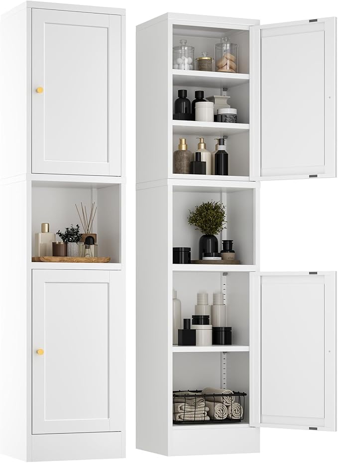 YAUWOH 2-Door Metal Storage Cabinet, Tall Slim Pantry Organizer with 3 Adjustable Shelves (120LBS/Shelf), Anti-Tipping Waterproof Cabinet for Bathroom/Kitchen/Home Office/Small Spaces, (1PC,White)