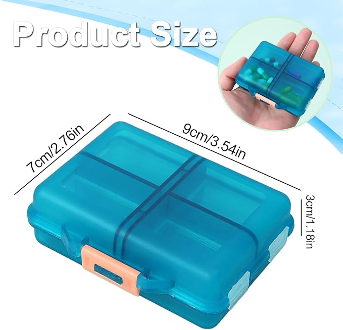 Daily Travel Pill Case Organizer, Small 8 Compartment Medicine Box | Pill Dispenser, Compact Purse Portable Pill Reminder Perfect for Storage Vitamin, Fish Oil, Calcium Tablet, Peacock Blue