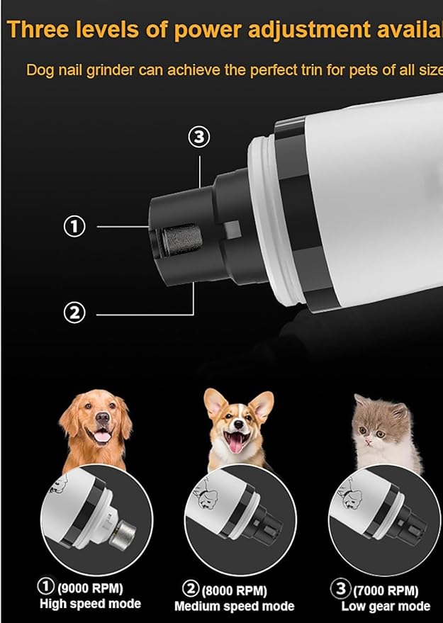 Nail Grinder, Upgraded Silent Dog Nail Grinder, Cordless Grooming Pro Nail Grinder with 3 Adjustable Speeds & Led Light Pet Nail Grinders for Dog Cat Home Use(1pc+2 Heads)