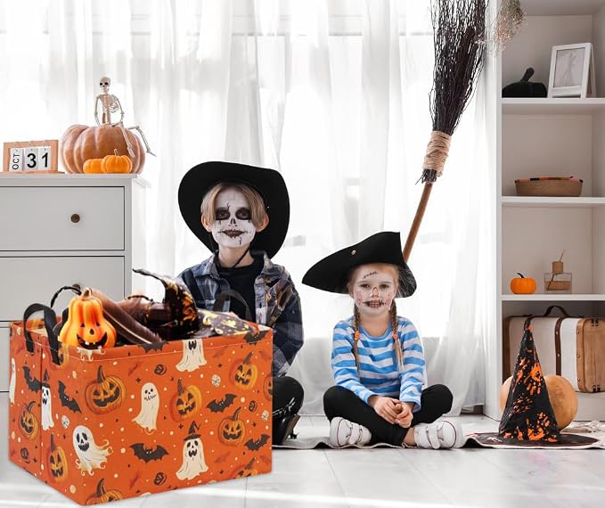 Rectangular Halloween Basket for Boys and Girls Kids Trick or Treat Pumpkin Basket for Halloween Parties Cute Storage Bin Organizer Box Room Decor(Yellow Pumpkin Ghost)