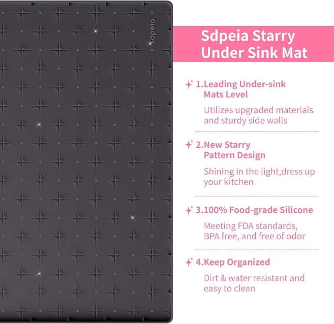 Sdpeia Under Sink Mat 22"×19" Waterproof Silicone Cabinet Liner & Sink Protector for Kitchen & Bathroom, Multi-Purpose Organizers Tray for Pets, Laundry, Cat Litter Mat, Black