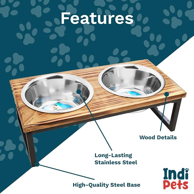 Indipets Elevated Dog/Cat Feeder with Bowls // Solid Wood Stand with Two Removable Stainless Steel Bowls // for Cats and Small, Medium, Large Size Dogs (Medium)