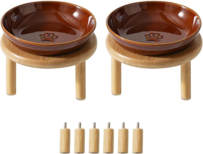 Havniva Elevated Cat Bowls, Ceramic Cat Bowl with Bamboo Stand Wide Opening | 5.7” Raised Cat Food Bowls, Whisker Friendly Cat Dish, Anti-Slip Cat Water Bowls, Shallow Cat Bowls, Cat Food & Water Bowl