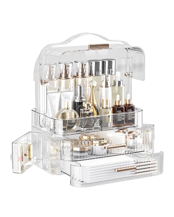 LINFIDITE Cosmetics Storage Box Transparent Lid Large Makeup Organizer Box Drawers Portable Handle Waterproof Dustproof Skincare Display Cases for Countertop, Bathroom, Dresser, PET,Clear Green