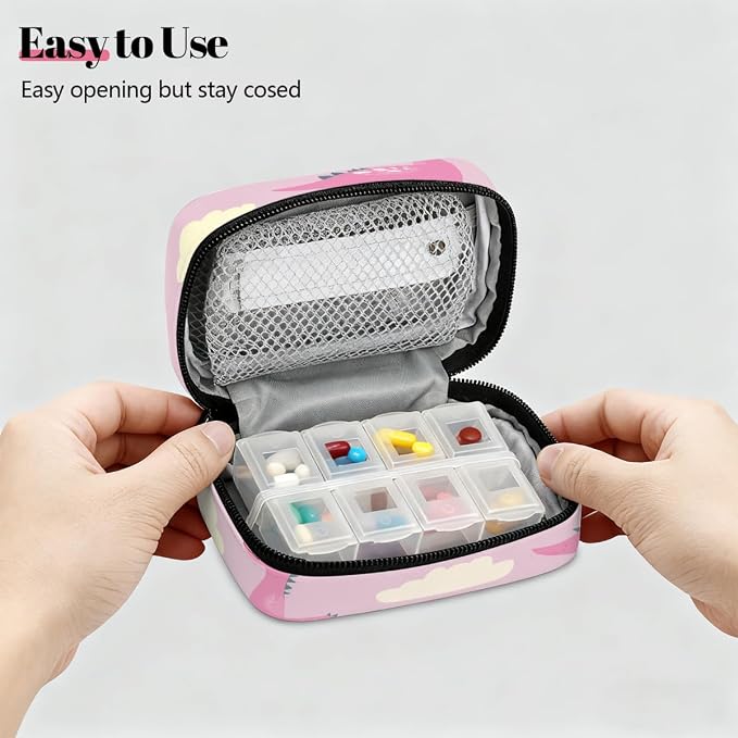 Weekly Pill Organizer Travel Size Bag with Removable 7 Day Pill Box Portable Vitamin Case Purse with Zipper,Pink Dinosaurs Clouds Pattern