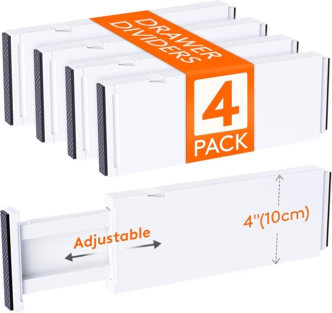 Lifewit 4" High Upgrade Drawer Divider, Adjustable Drawer Organizer Clothes | 4 Pack 11"-17" Expandable White Plastic Drawer Separator for Dresser, Kitchen, Closet, Nursery, Office Organization & Storage