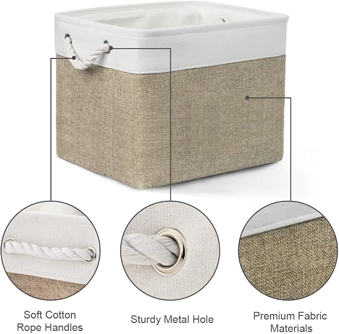 Organization and Storage Basket for Gifts Empty - 16x12x12 inch Cube Storage bin 3 Pack Fabric Storage Cubes, Collapsible Baskets for Organizer Closet Cloth Gift Toy (White & Khaki)