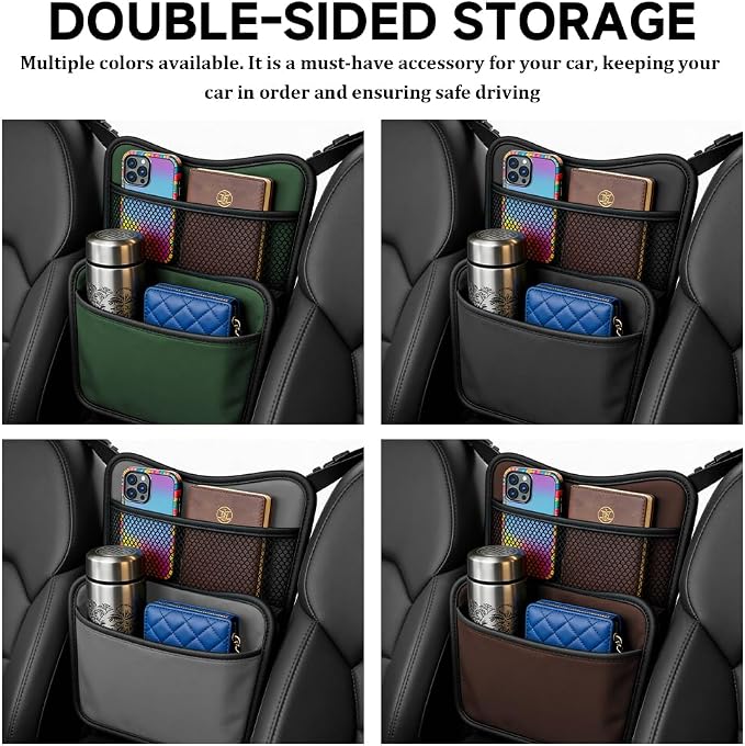 Car Organizer Storage Between Seats, Car Purse Holder, Nappa Leather Front Seat Storage Bag with Tissue Holder, Large Capacity Auto Console Organizer for Document Phone Wallet Snack (White)