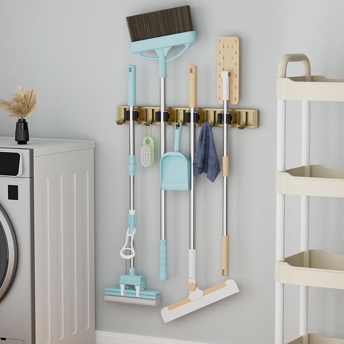 reliahom Broom Holder Wall Mount Mop Hanger Tools organizer 4Racks 5Hooks | Adjustable Mop Broom Wall Hanging Heavy duty Tools Storage Rack Space-saving for Garage,Kitchen,Laundry Room,Garden, Bronze