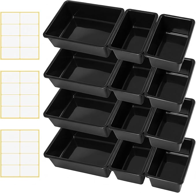 Zonon 12 Pcs Plastic Cubby Bins Office Storage Container Storage Bins Plastic Organization with 1 Pack Self Adhesive Label for Library Office Home Nursery (Black)