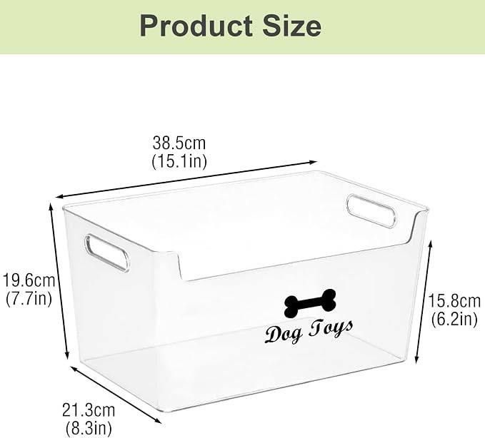 Dog Toy Basket with Handle - Clear Plastic Waterproof Dog Storage Organizer for Toys, Blankets, Leashes, Treats & Grooming Supplies - 1Pack
