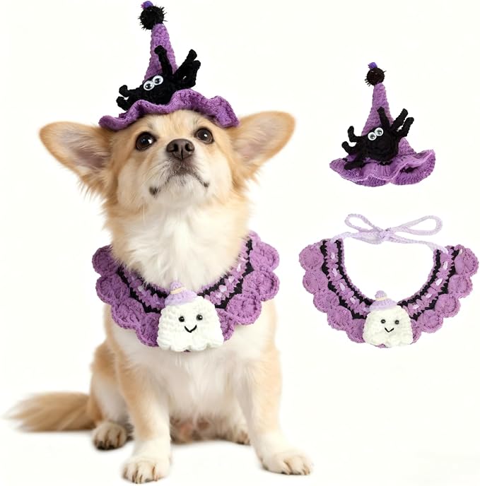 Halloween Cat Costume & Dog Outfit – Handmade Purple Witch Hat & Cute Ghost Cat Clothes, Adjustable Pet Outfit for Rabbits,Cats &Small Dogs, Lightweight & Breathable, Festive Pet Accessories