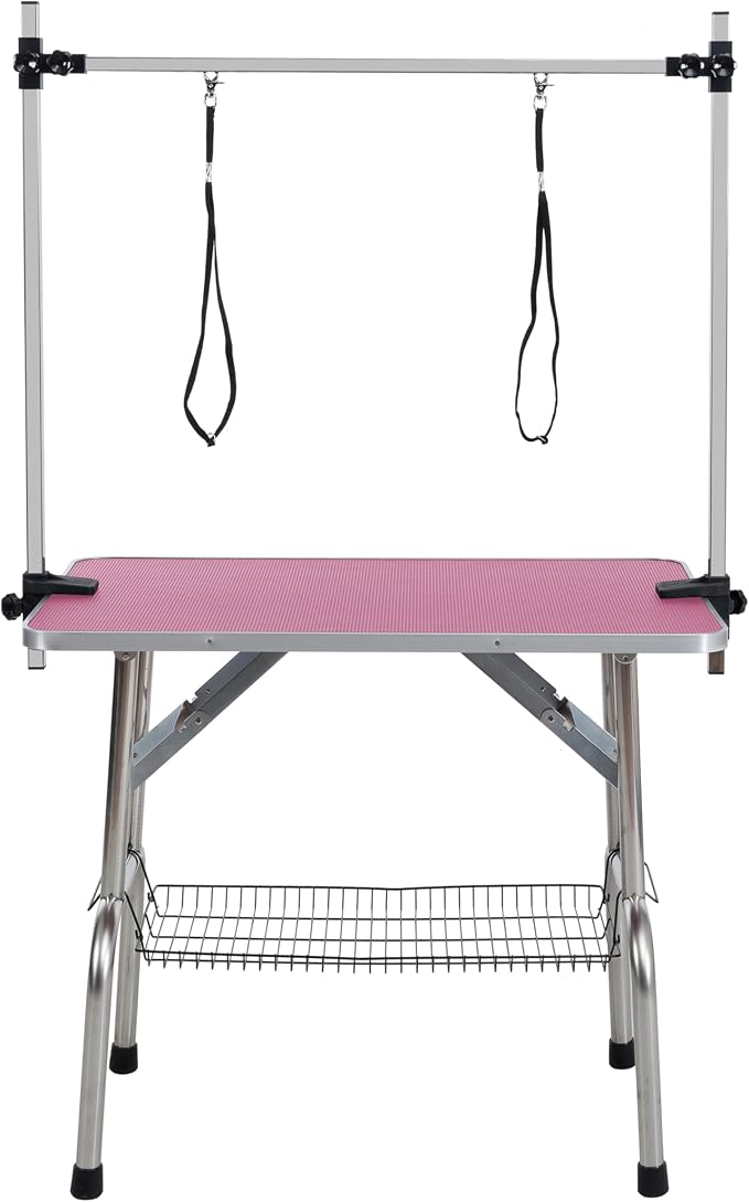 36" Pet Dog Grooming Table, Foldable Stainless Steel Frame Pet Drying Grooming Table Up to 330lbs, Professional Bathing Desk for Dogs at Home with Adjustable Overhead Arms, Noose, Mesh Tray, Pink