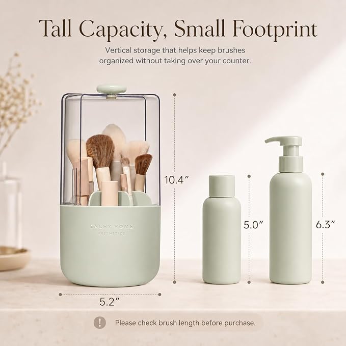 EACHY Makeup Brush Holder with Lid, Rotating Makeup Brush Organizer, Green | Dustproof Lid, 7 Compartments, Waterproof Plastic, Vanity Makeup Organizer for Brushes