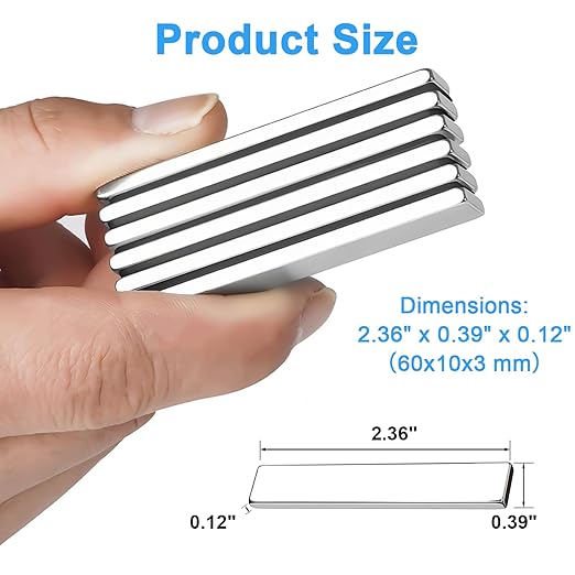 Rare Earth Neodymium Magnets with Double Sided Adhesive, 60x10x3 mm, 20pcs | Heavy Duty Strong Magnets, Rectangular Bar Magnets Strip for Fridge Kitchen Garage Office Science Craft, Silver