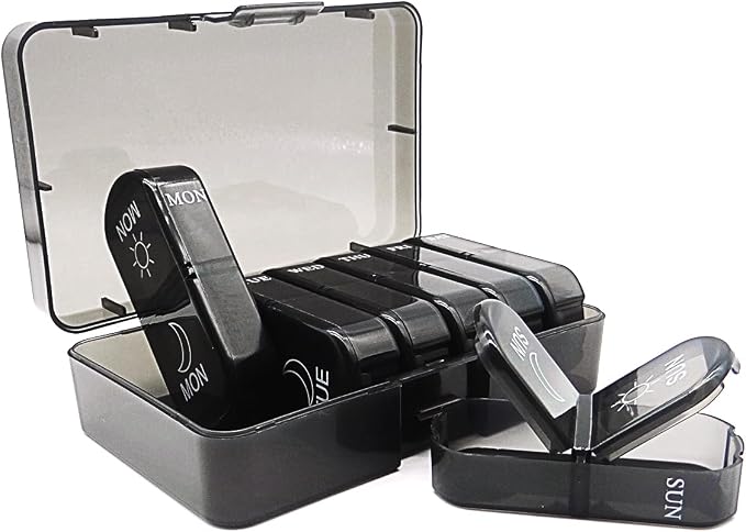 Small Pill Case, Cute Medicine Box, Travel Daily Pill Organizer | 7-Day 14 Tray Portable Vitamin Planner Container Dispenser for Purse Pocket, Capsule Holder for Fish Oils, Supplements, Black