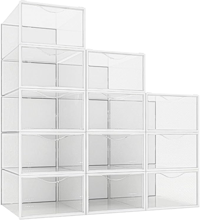 Seseno 12 Pack Shoe Storage Bins, Clear Plastic Stackable Shoe Organizer for Closet, Space Saving Foldable Shoe Rack, Shoe Box Sneaker Holder Container