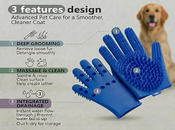 Pet Grooming Gloves – Soft Silicone Bath & Grooming Mitts for All Pets | Gentle Deshedding, Fur Removal, Washing & Massage Brush (Blue)