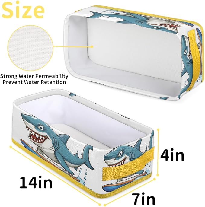 Shark Surfing Cartoon Blue Bathroom Storage Basket, Foldable with Handle Open Countertop Paper Towel Decorative Box, Toilet Tank Top Shelf Baskets for Home Closet Bedroom Living Room Office