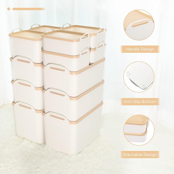 ANMINY White Plastic Storage Bins Baskets with Lids, 12-Pack, 2XL+4L+2M+4S | Large Plastic Bins, Sturdy PET, with Handles, Stackable, Opaque Storage Boxes, for Closet Shelves Desk, Wheat Lids