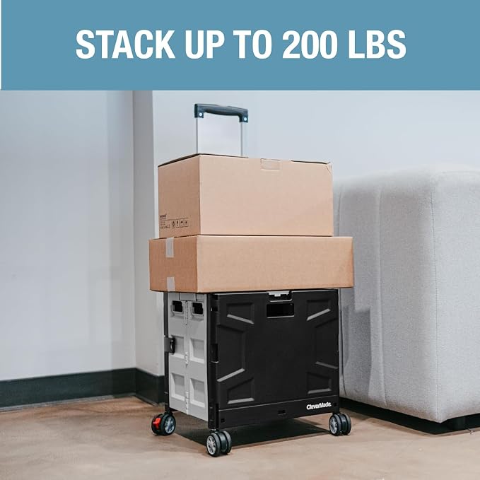 Wheeled Trolley Crate - 55L (4 Wheels) - Black/Cream [Cool Gray 1C] (1PK) | Move Bigger Loads in Any Direction | Four Swivel Wheels and a Telescoping Handle Guide 100 lb, Then Fold to 3.75 Inches