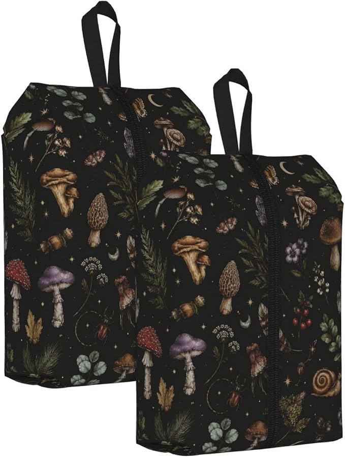 Mystical Witchcore Mushroom Travel Shoe Bag for Men & Women, Waterproof Shoe Storage Organizer with Zipper, Portable Shoe Pouch for Sneakers, Heels, Sandals, Gym & Travel Luggage 2PCS