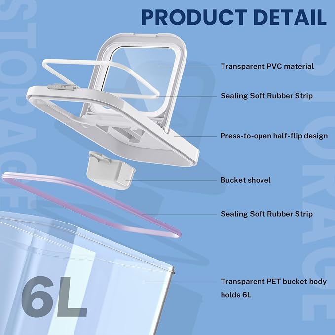 LEAWALK 6 Lbs Airtight Dog Cat Food Storage Container and Dog Treat Containers BPA-Free, PET Clear Stackable Pet Storage Bin, 1-Cup Scoop, 1-Sponge cleaning brush, Pop Top, With handle, Easy Mobility