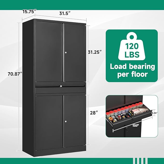 Metal Garage Storage Cabinet with Drawer,4 Door Tool Cabinet with Lock-2 Adjustable Shelves for Garage Home Office Utility Room (Black)