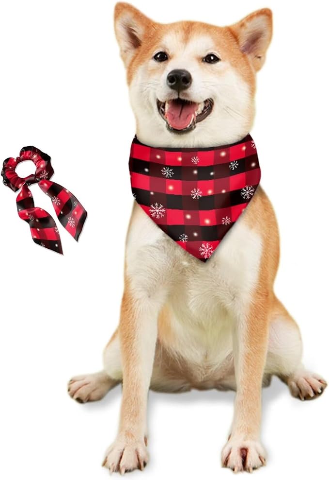 COEQINE Plaid Dog Bandana with Rip Tie Hair Ties for Women Cute Dogs Bandanas Small Pet Christmas Costume for Holiday Food Cosplay Clothes Party Costumes