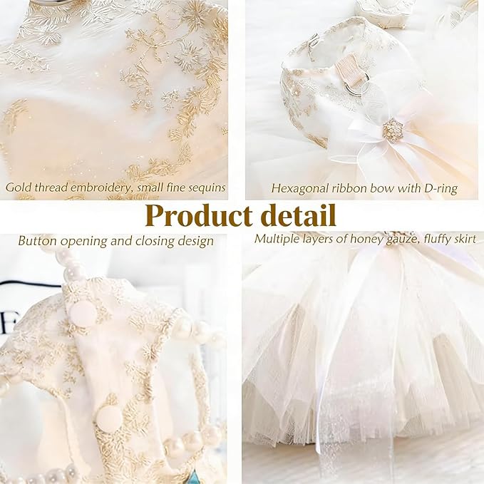 Princess Dog Wedding Dress - Embroidered Gown with Fluffy Tutu Skirt & Leash D-Ring, Formal Party Outfit for Small Dogs & Cats Like Chihuahua Yorkie (White Bow-Princess, Medium)