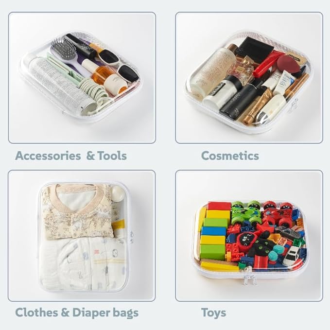 6-Pack Large Clear Hard Shell Zipper Pouches, Clear Zipper Bags, Hard Case Pouches for Purse & Diaper Bag Organizer,and Travel Essentials (6L)