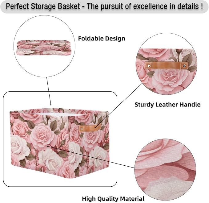 SEULIFE Floral Flower Rose Pink Foldable Storage Basket, Large Collapsible Organizer Storage Bin Cube Toys Storage Boxes with Handles for Bathroom Kids Nursery Closet Storage, 1 Pack
