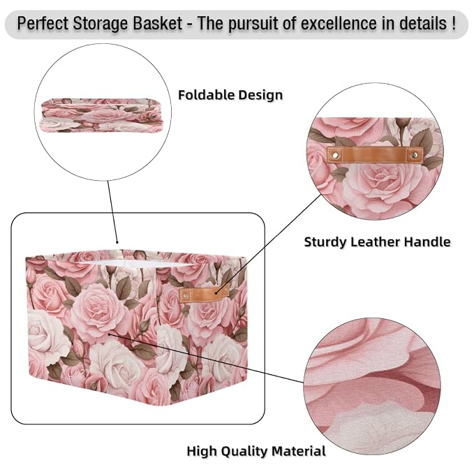 SEULIFE Floral Flower Rose Pink Foldable Storage Basket, Large Collapsible Organizer Storage Bin Cube Toys Storage Boxes with Handles for Bathroom Kids Nursery Closet Storage, 2 Pack