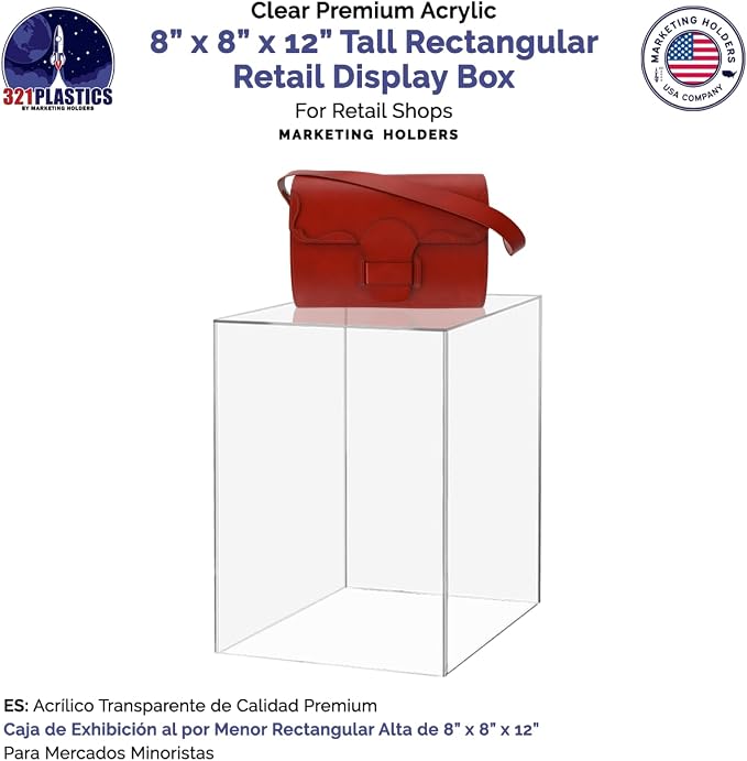8" x 8" x 12" Clear Acrylic Display Box with One Open Side No Lid Versatile Rectangular Dust Cover Plexiglass Merchandise Storage Bin or Retail Product Riser by Marketing Holders