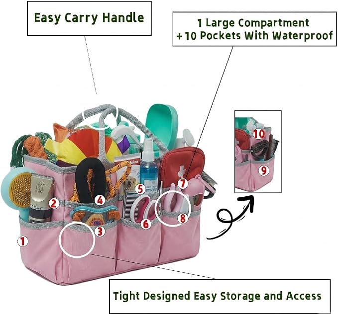 Pet Grooming Bag, Dog Grooming Organizer Tote with 10 Pockets, Dog Storage Organizer with Sturdy Handle for Grooming Supplies, Toys, Treats, Leash (Bag ONLY) (Pink)