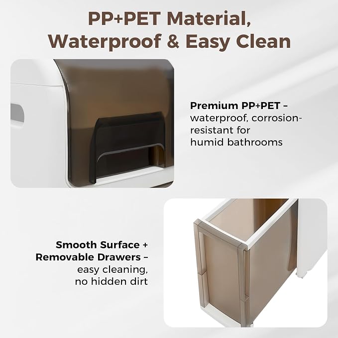 Slim Bathroom Storage Cabinet with Trash Can, Narrow Movable Waterproof Bathroom Floor Cabinet with Toilet Paper Holder for Bathrooms Toilet (15.1 * 6.9 * 31.5in)